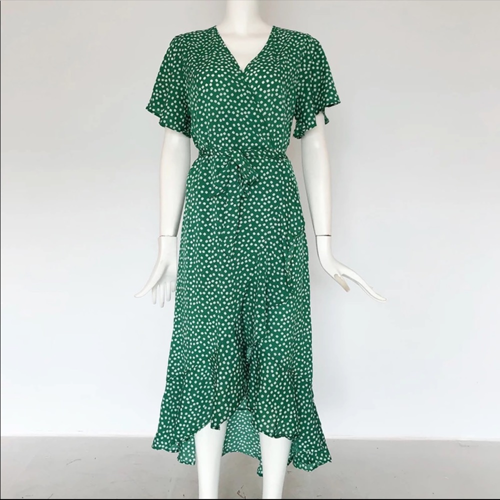 2 Left! Green Floral Wrap Maxi Boho Chiffon Dress - Picture 7 of 14